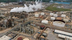 ExxonMobil’s Beaumont oil refinery in Beaumont, Texas. US crude inventories fell last week but production soared
