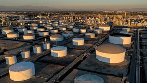 Storage tanks at Marathon Petroleum's Los Angeles Refinery, which processes domestic and imported crude oil in Carson, California