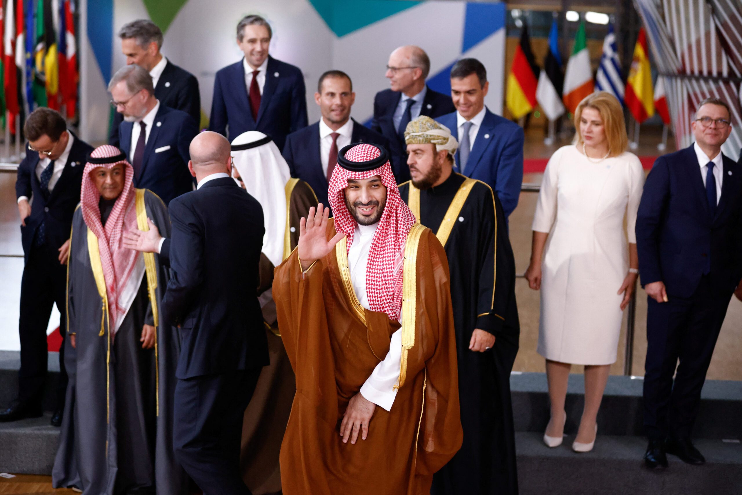 Saudi Arabia's Crown Prince Mohammed bin Salman waves during the joint EU-GCC summit in Brussels, Belgium