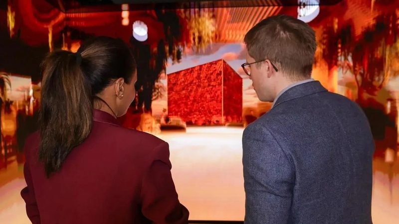 Visitors to the Mipim property conference look at images of the Mukaab, which will be the centrepiece of New Murabba in Riyadh