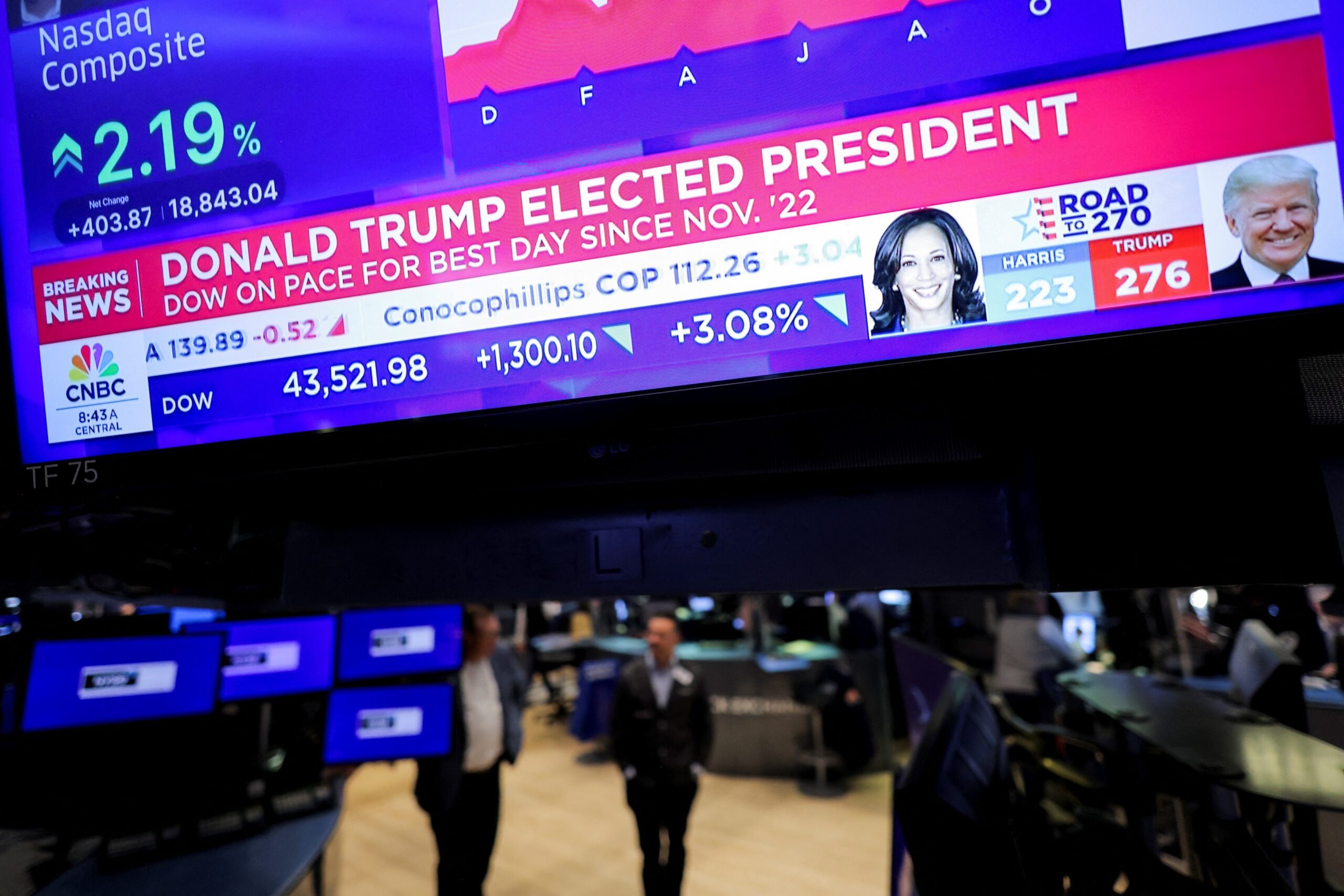 A screen at the New York Stock Exchange after Donald Trump won the US presidential election