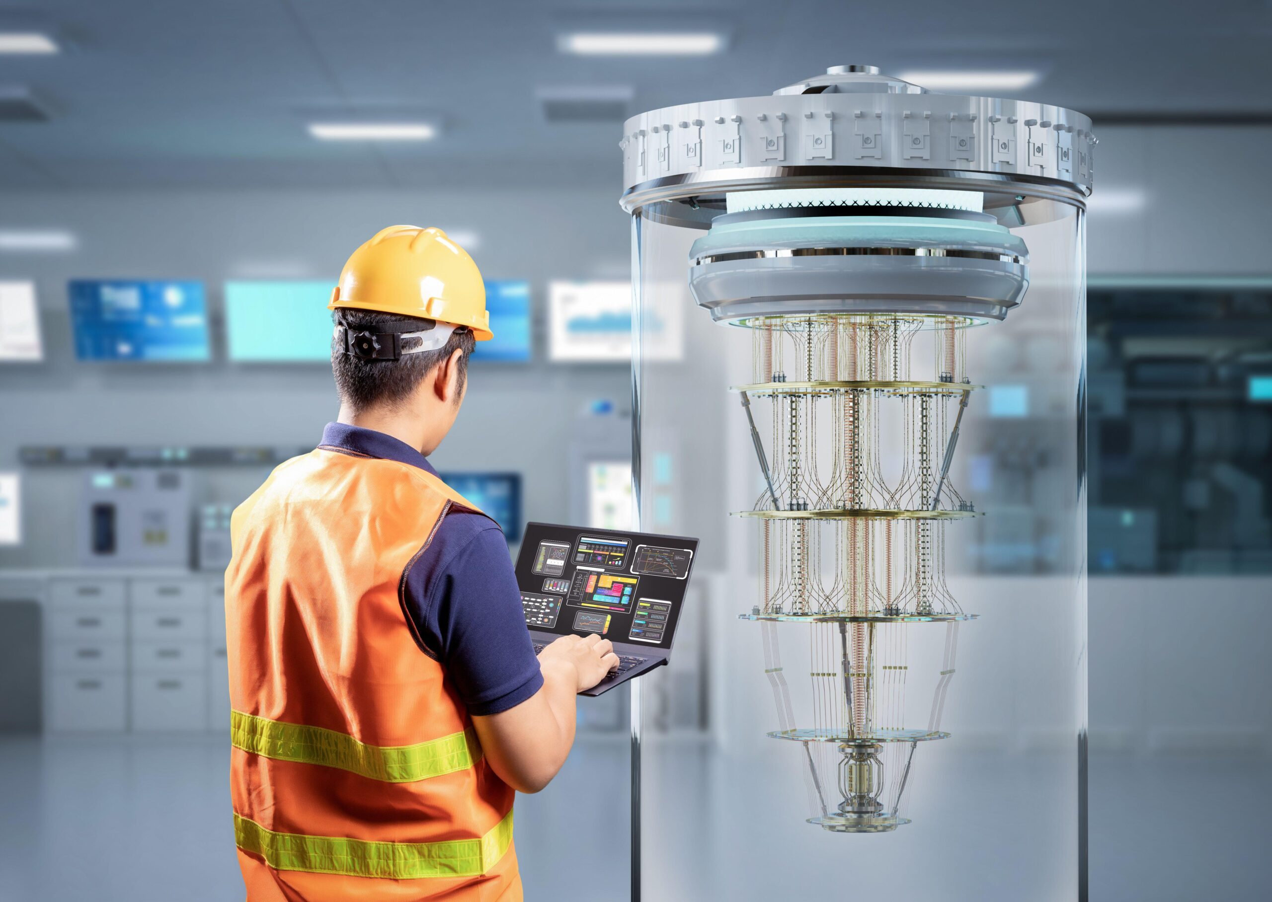 Quantum engineering technology with engineer develop quantum computer machine in shield