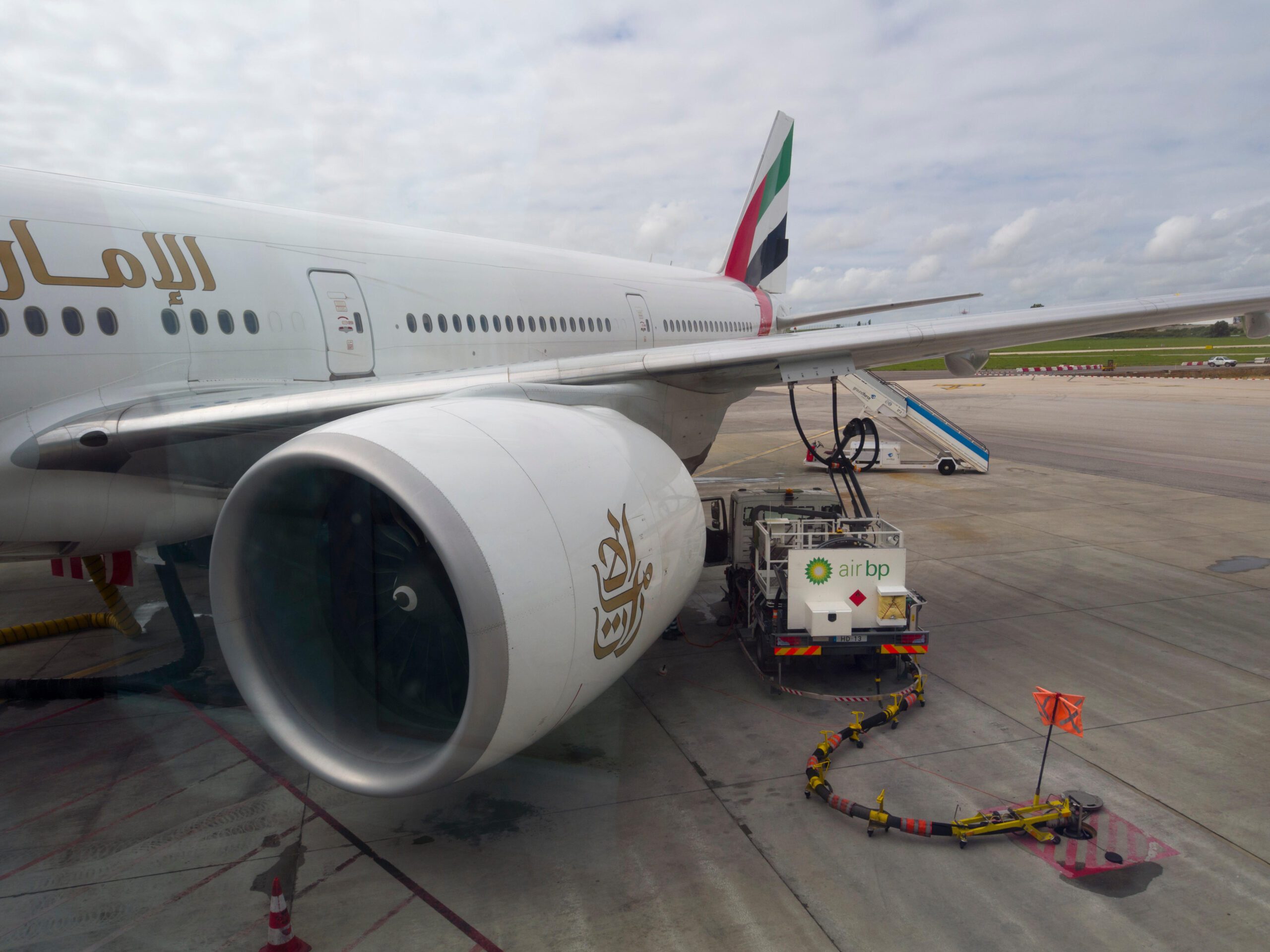 An Emirates plane refueling. The UAE wants 1 percent of its jet fuel to be locallly produced SAF by 2031