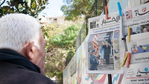 A stand in Beirut displays Arabic newspapers featuring the inauguration of President Donald Trump in 2017. The Arab world has generally welcomed Trump's return to the White House