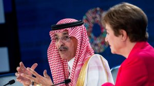 Saudi finance minister Mohammed Al-Jadaan and IMF managing director Kristalina Georgieva at a meeting in Washington, DC in October