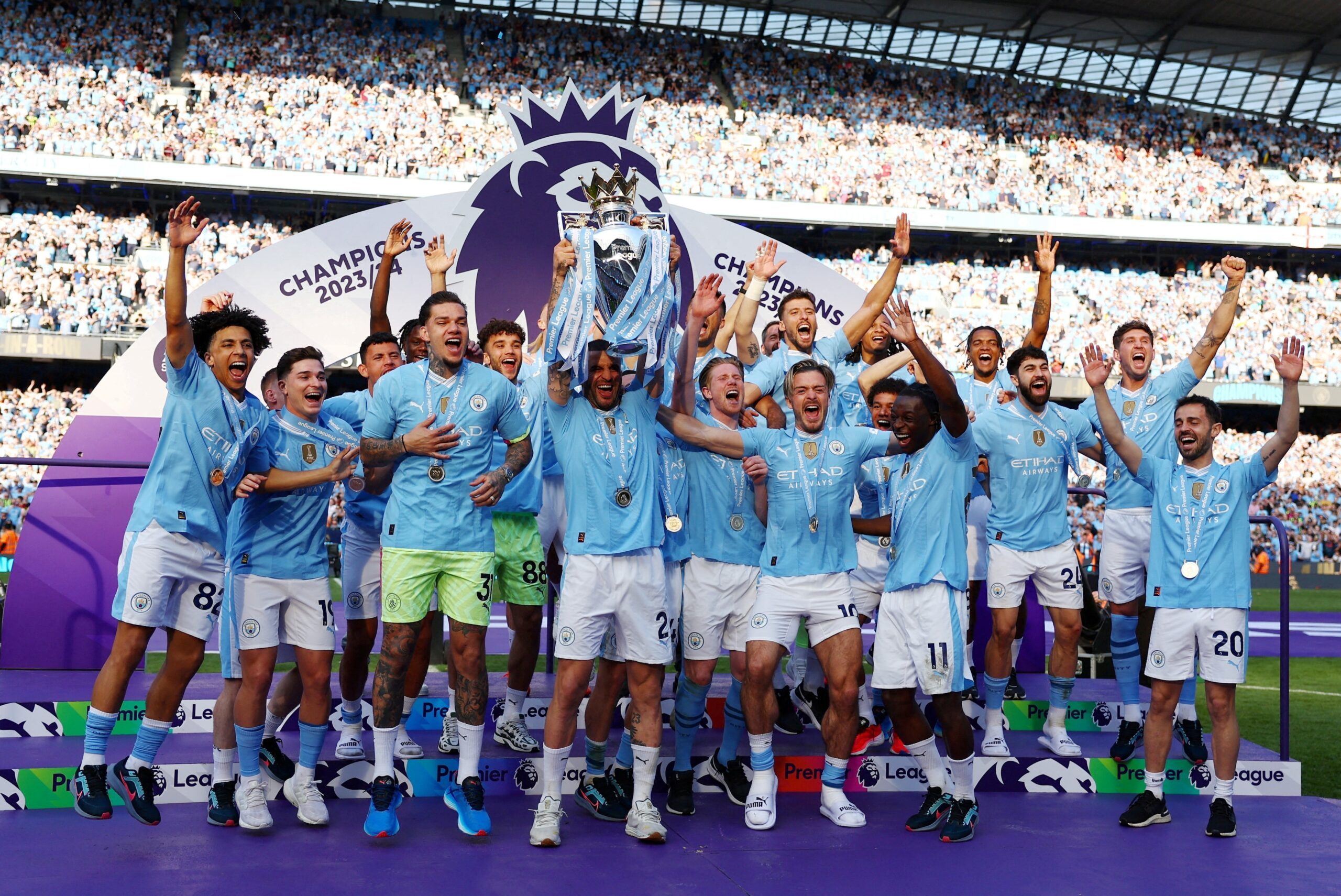 Manchester City celebrate after winning the Premier League. The club has posted profits of £73.8m