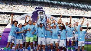 Manchester City celebrate after winning the Premier League. The club has posted profits of £73.8m