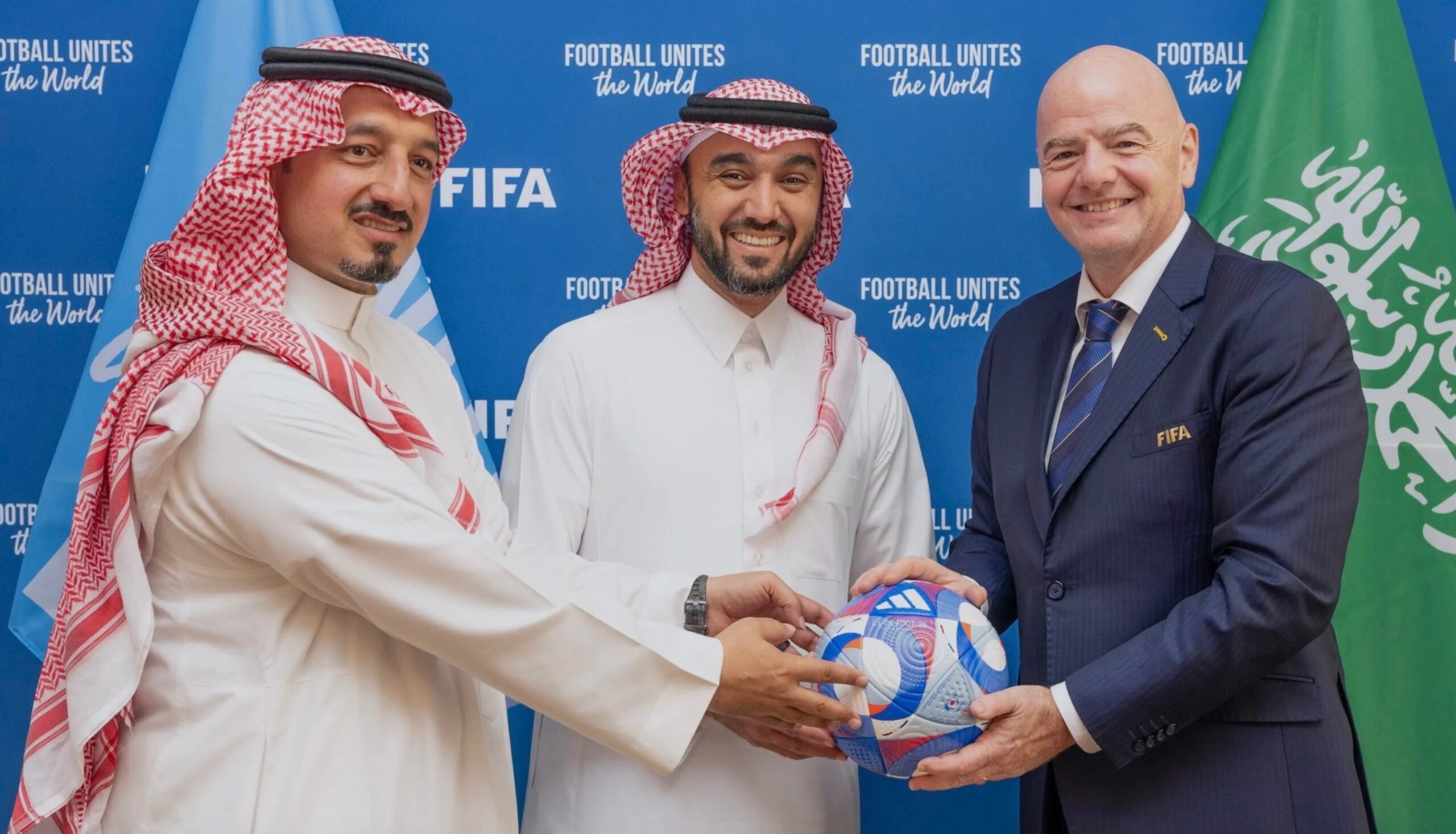 Saudi world cup risk Fifa president Gianni Infantino, right, with the Saudi Arabian minister for sport, Prince Abdulaziz bin Turki Al Faisal, and the president of the Saudi football federation, Yasser Al Misehal