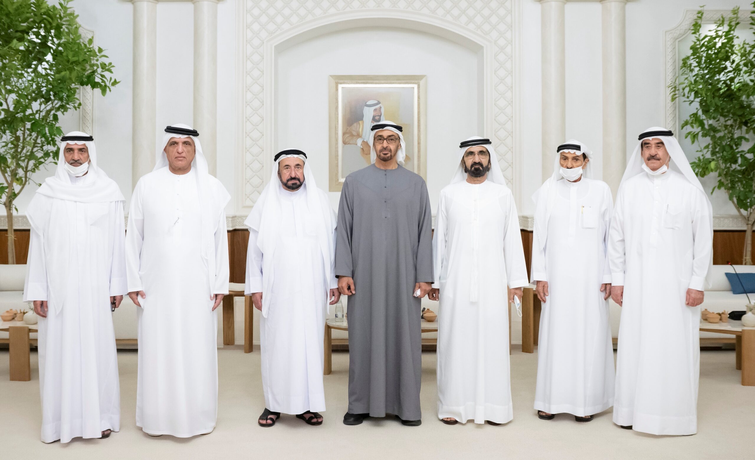 More climate laws are expected from the UAE government and individual emirates. Rulers of the emirates, from left: Hamad Al Sharqi of Fujairah; Saud Al Qasimi of Ras Al Khaimah; Sultan Al Qasimi of Sharjah; Mohamed bin Zayed Al Nahyan of Abu Dhabi, president of the UAE; Mohammed Al Maktoum of Dubai; Humaid Al Nuaimi of Ajman and Saud Al Mu'alla of Umm Al Quwain 