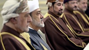 Oman ruler Sultan Haitham bin Tariq (2nd L) pictured at a meeting in Brussels in December. The draft of the new personal income tax now moves to the sultan for final approval