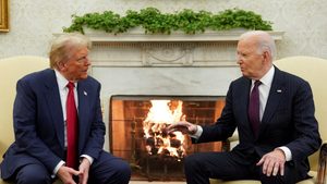 Donald Trump and President Biden talk in the Oval Office at the White House after Trump's election victory last November