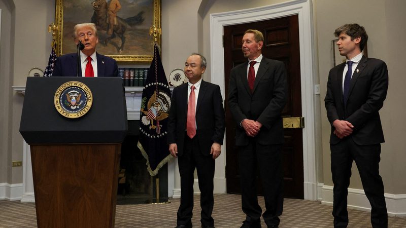 SoftBank CEO Masayoshi Son, Oracle co-founder Larry Ellison and OpenAI CEO Sam Altman listen to Donald Trump talking about the Stargate project at the White House