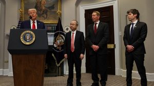 SoftBank CEO Masayoshi Son, Oracle co-founder Larry Ellison and OpenAI CEO Sam Altman listen to Donald Trump talking about the Stargate project at the White House