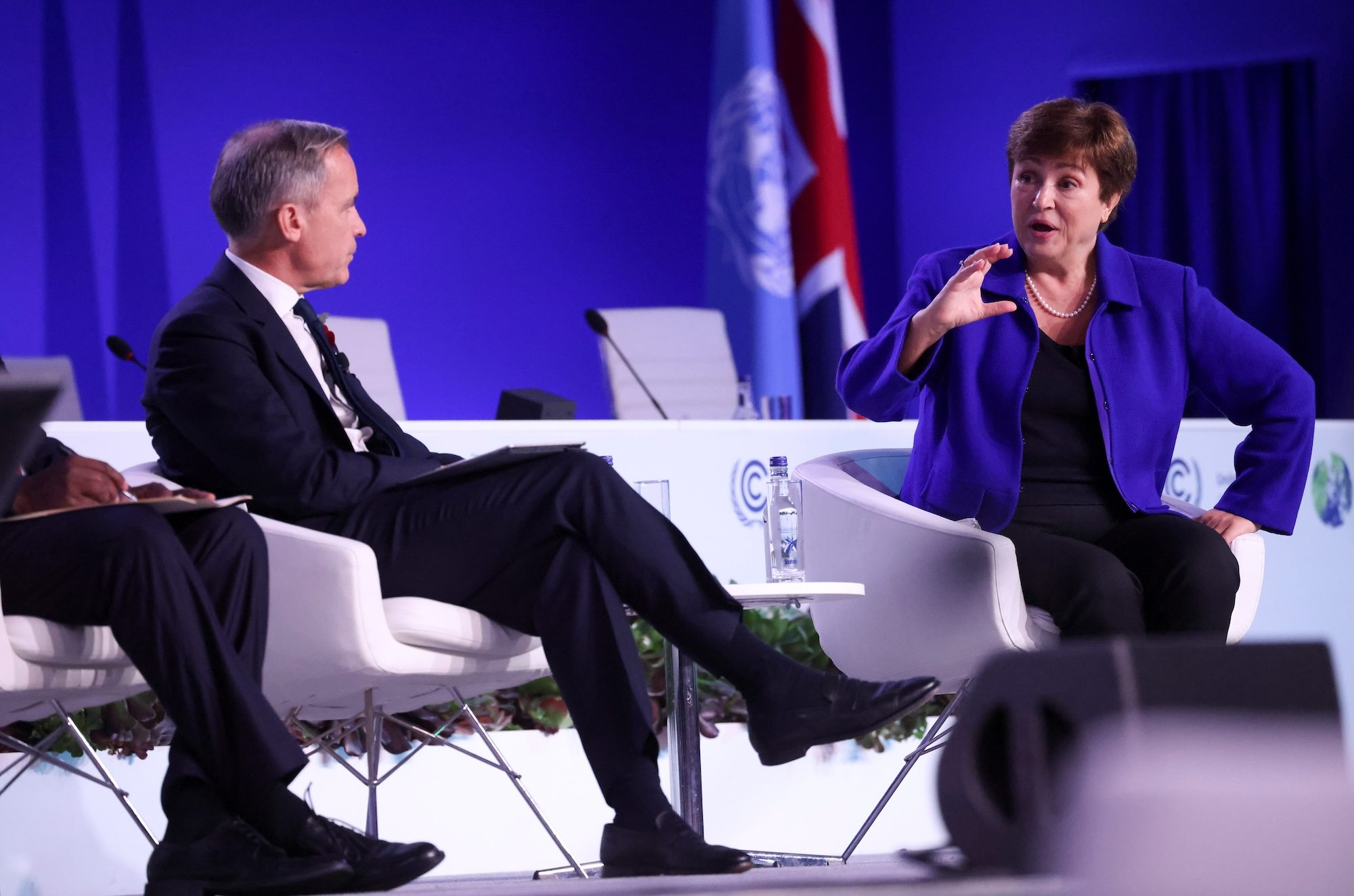 Former Bank of England governor Mark Carney, pictured at Cop26 with IMF managing director Kristalina Georgieva, was the main force behind the launch of the Net Zero Banking Alliance