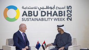 UAE president Sheikh Mohamed bin Zayed Al Nahyan meets New Zealand prime minister Christopher Luxon at the Abu Dhabi Sustainability Week 2025