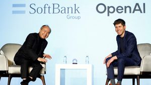 SoftBank CEO Masayoshi Son and OpenAI CEO Sam Altman attend an event to pitch AI for businesses in Tokyo on February 3