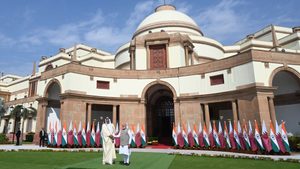 India's PM Narendra Modi and Sheikh Tamim bin Hamad Al Thani of Qatar held talks in New Delhi on February 18