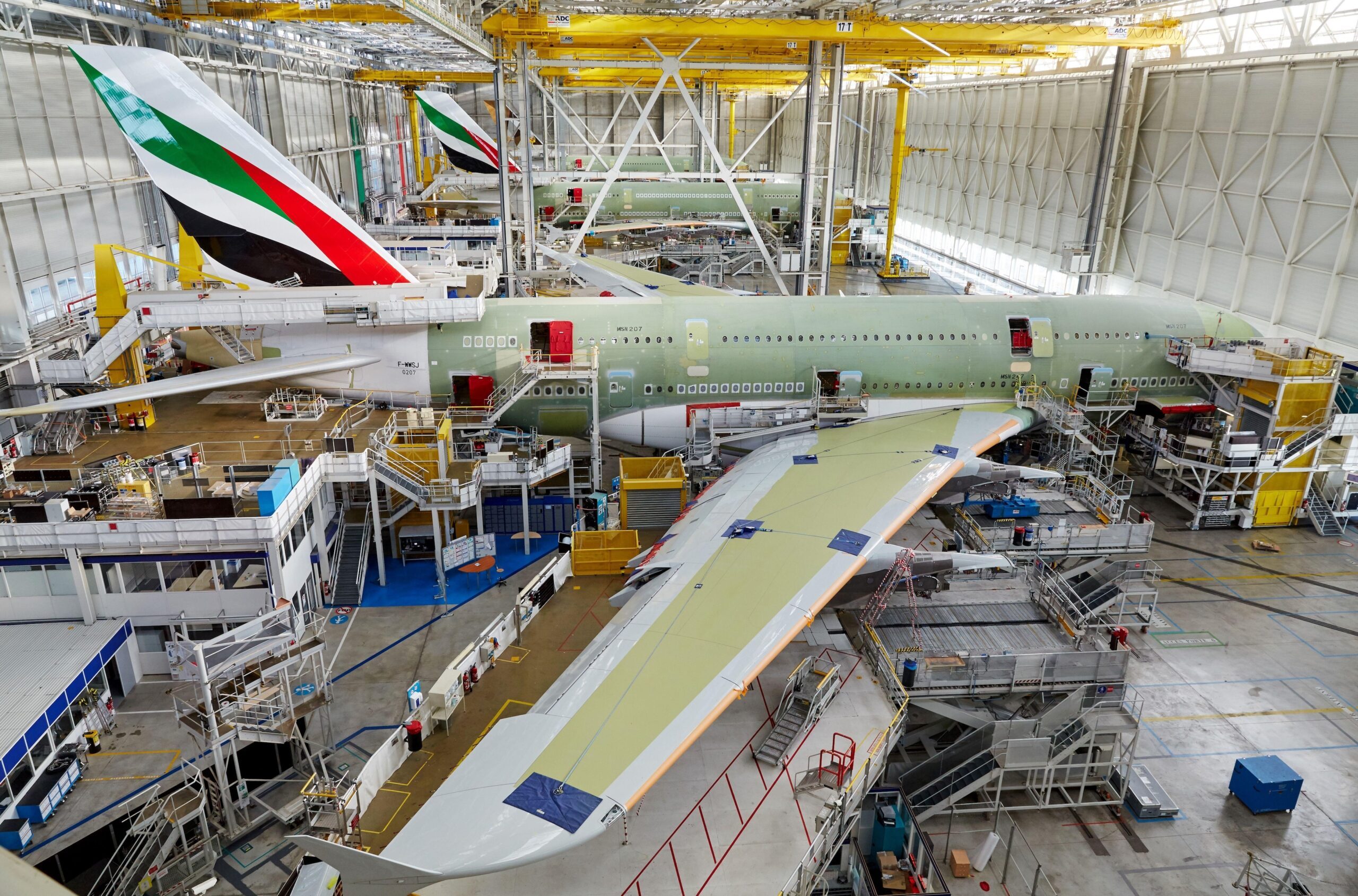 Emirates Airline A380s being assembled at the Airbus factory in Toulouse, France