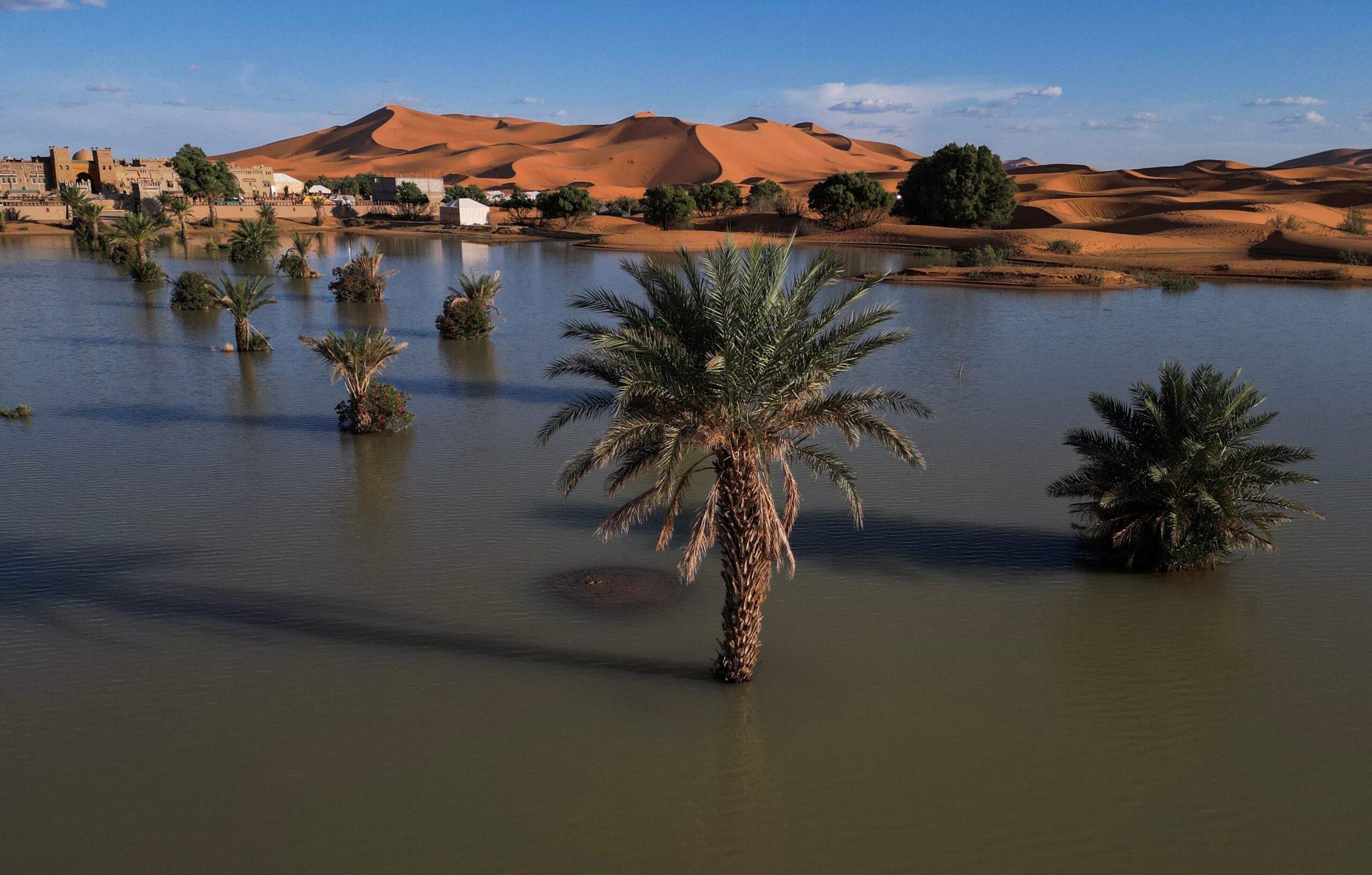 Sand dunes under water in Merzouga, Morocco. Increased output on both irrigated and non-irrigated land will help improve Morocco's import bill
