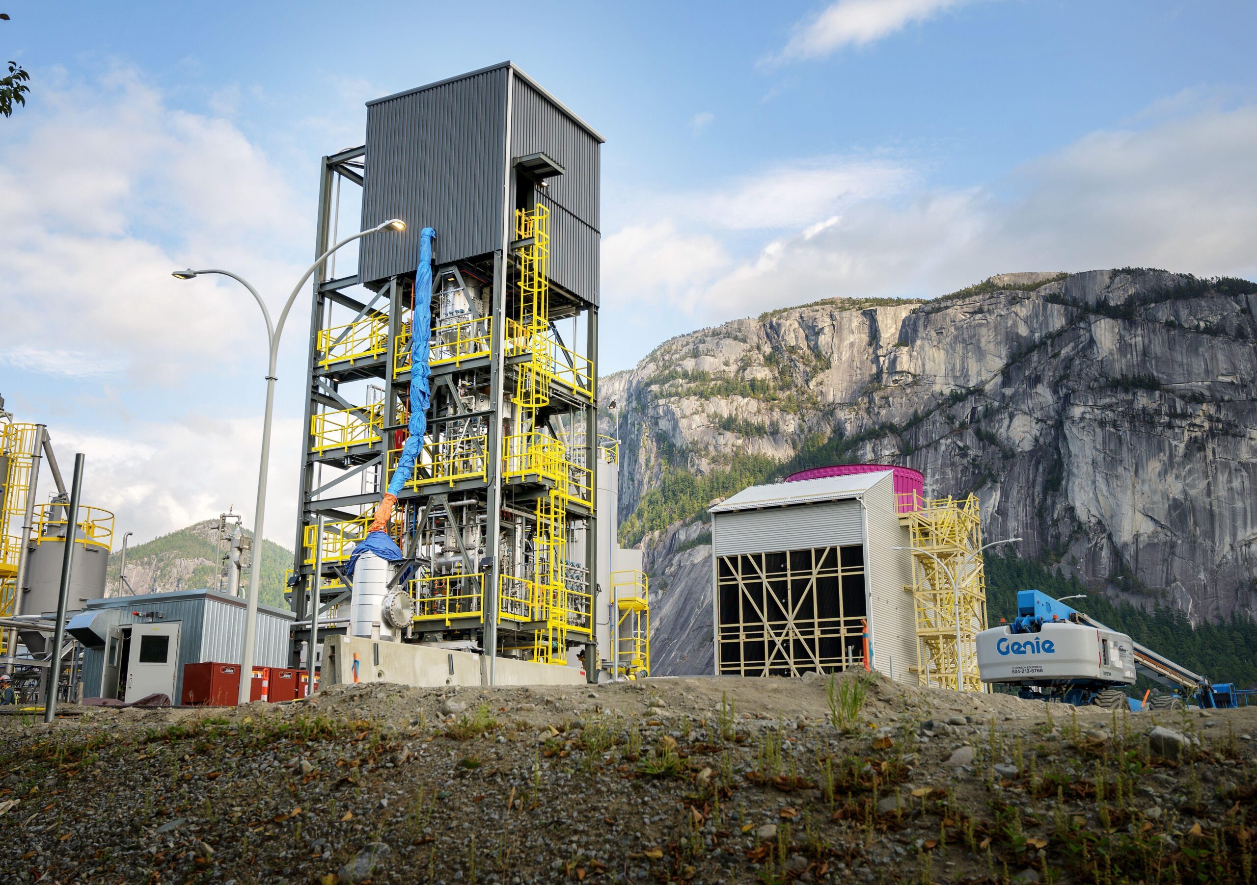 Carbon Engineering Direct Air Capture (DAC) carbon capture plant with the Squamish Chief mountain in the background.