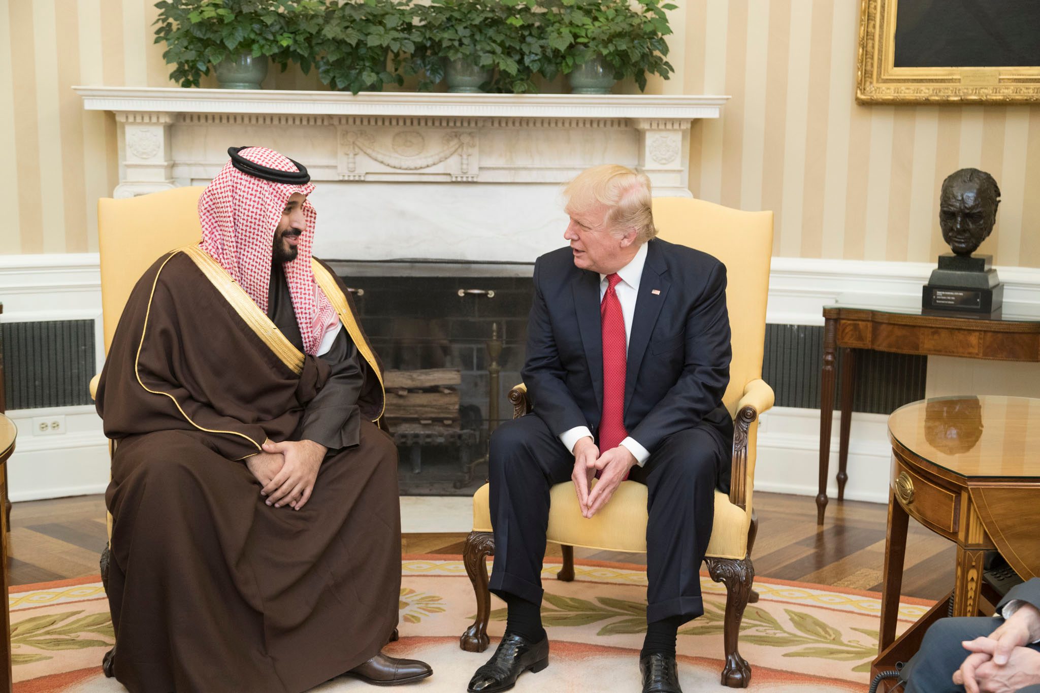 Donald Trump and Prince Mohammed bin Salman in the Oval Office in 2017; Saudi Aramco has pledged to deepen US investment
