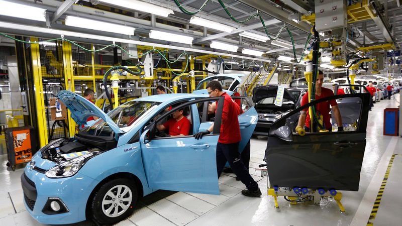 Workers assemble an i10 at the Hyundai plant in Izmit, Turkey. EVs may use fewer Turkish-made components