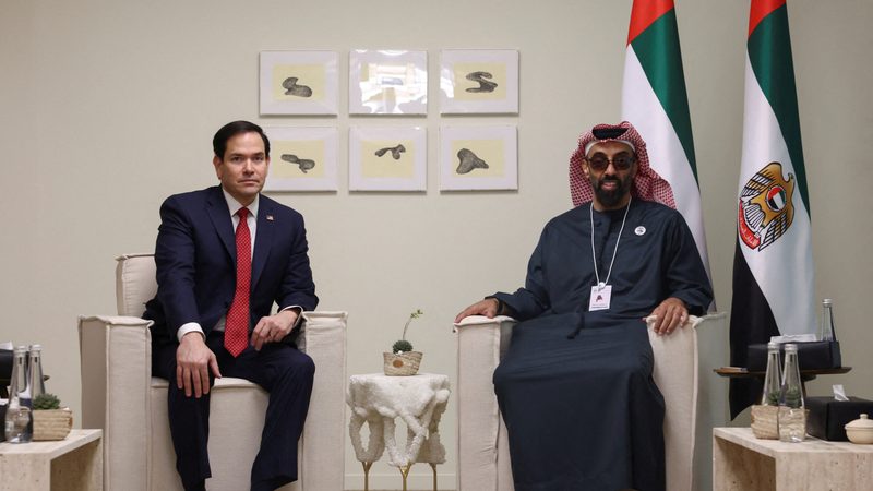 U.S. Secretary of State Marco Rubio poses for a photo with UAE National Security Advisor Sheikh Tahnoon bin Zayed Al Nahyan at ADNEC Centre Abu Dhabi in Abu Dhabi, United Arab Emirates, February 19, 2025