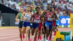 Abdihamid Nur (USA) and Paul Chelimo (USA) lead the 5000 meters during the World Athletics Championships Budapest23 at The National Athletics Centre
