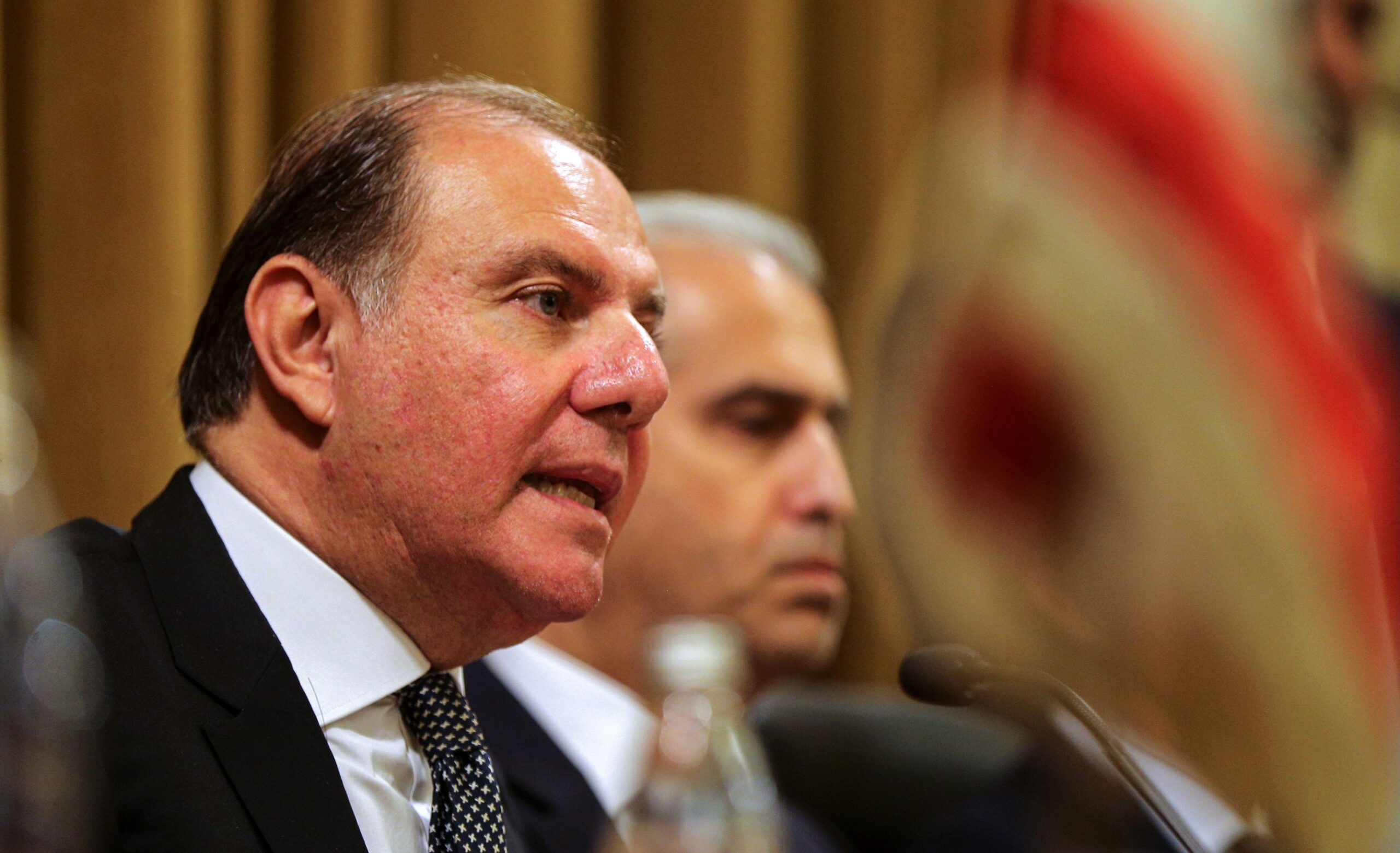 Newly appointed Lebanese Central Bank governor Karim Souaid speaks at a press conference on his first day