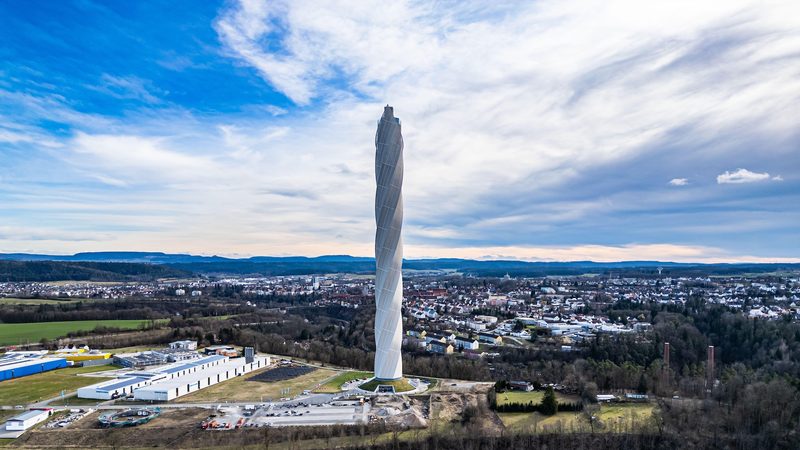 2X7RYNG Rottweil, Germany, 2nd Mar 2024:The 246 meter high lift test tower was built by Thyssenkrupp between 2014 and 2017. Behind it lies the city of Rottweil TK Elevator