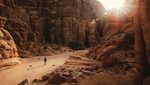 Sandstone rock formations rise above the Hisma desert, Neom