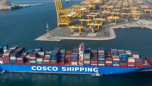A container vessel operated by China's Cosco in Dubai's Jebel Ali terminal, which handles huge amounts of cargo moving from Asian to Western markets