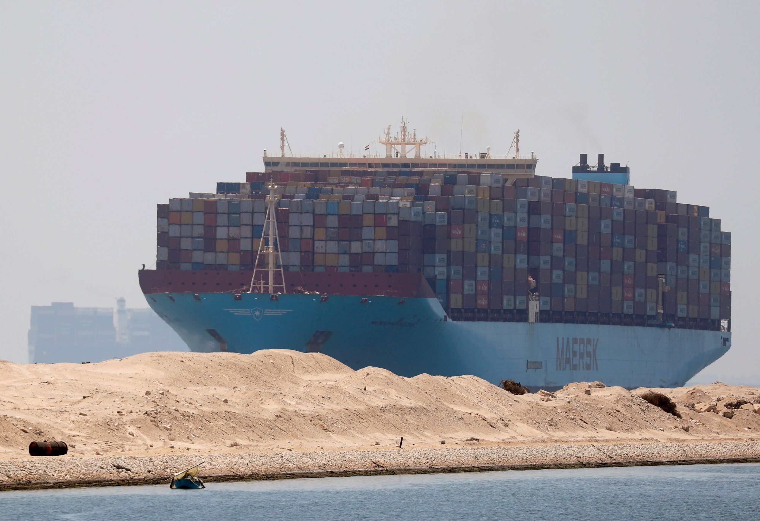 A Maersk container vessel in the Suez Canal in 2021. The company says it will return to the route when the safety of seafarers is guaranteed