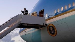 US President Donald Trump disembarks Air Force One. The Qatari 747 is intended to be a replacement