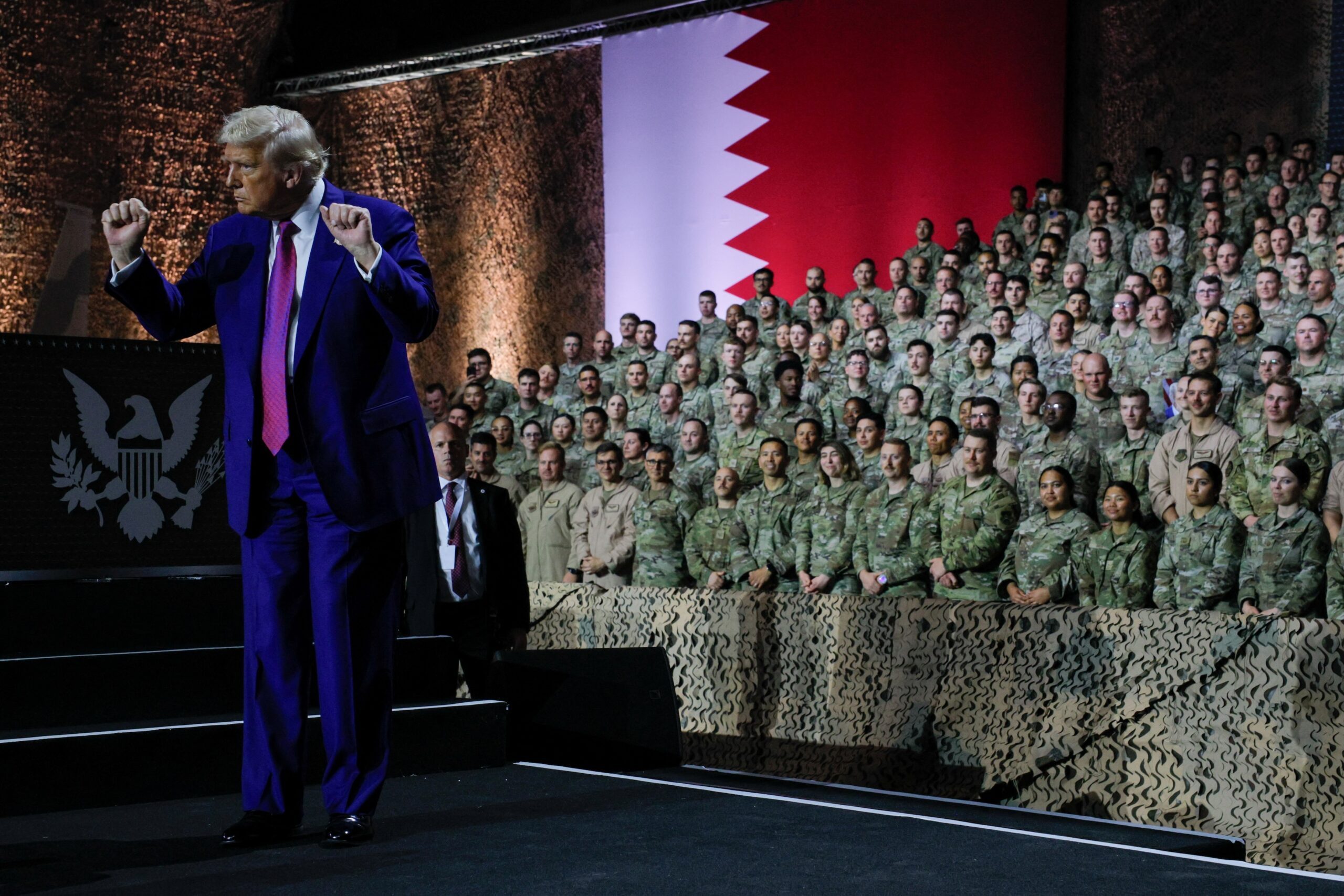 Donald Trump speaks to troops at a US base in Doha, Qatar. Defence and AI top the list of trade deals between the US and GCC countries