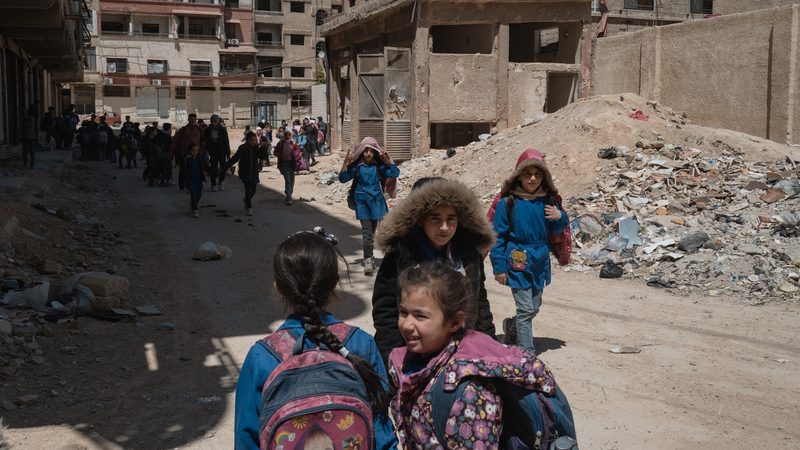 Syrian children return to school in the war-damaged Damascus suburb of Jobar. US Secretary of State Marco Rubio wants US sanctions to be lifted immediately
