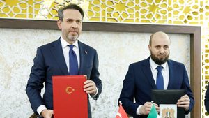 Syrian energy minister Mohammed Al-Bashir attends a press conference with Turkish energy minister Alparslan Bayraktar in Damascus, Syria