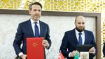 Syrian energy minister Mohammed Al-Bashir attends a press conference with Turkish energy minister Alparslan Bayraktar in Damascus, Syria