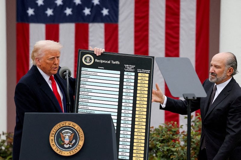 US president Donald Trump reveals his tariffs at the White House in April. A US trade court has ruled that Trump overstepped his authority