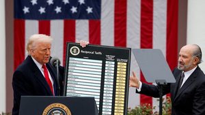US president Donald Trump reveals his tariffs at the White House in April. A US trade court has ruled that Trump overstepped his authority