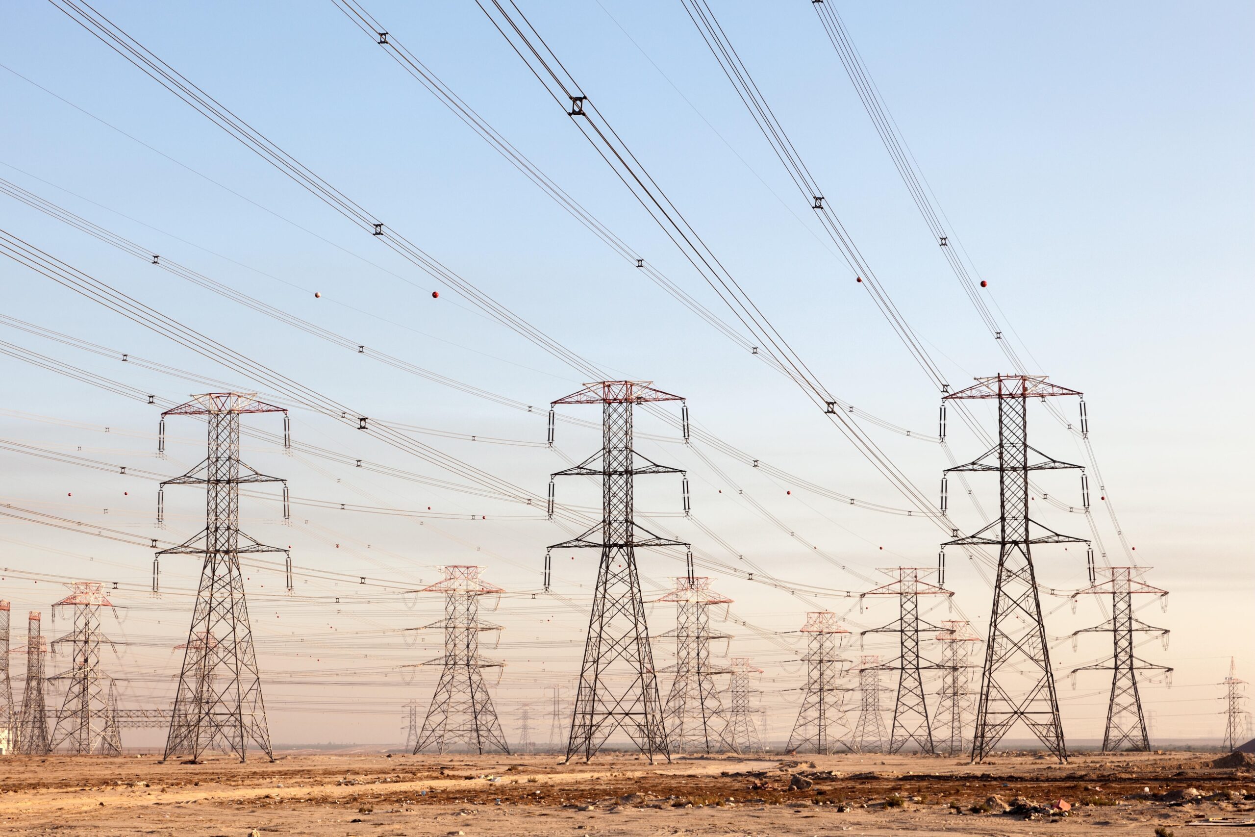 High voltage power lines in Kuwait. The country has had to restrict cryptocurrency mining to save power