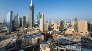Kuwait City's central business district. Solar projects such as Shagaya will help Kuwait reach its target of 50% renewables by 2050