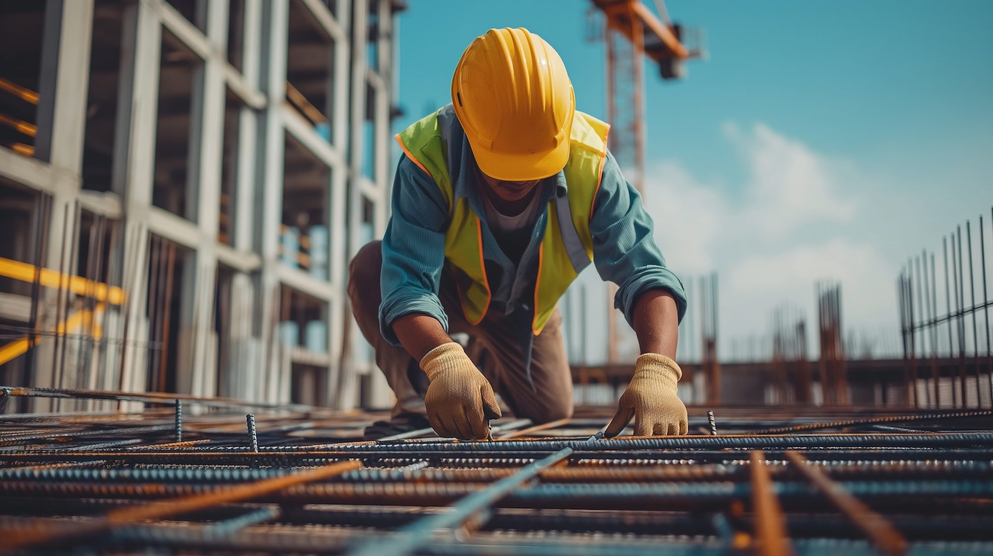 A construction worker wearing a yellow hard hat and safety vest is working on a building site, kneeling on a steel framework. The background shows an unfinished building structure and a crane.