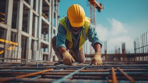 A construction worker wearing a yellow hard hat and safety vest is working on a building site, kneeling on a steel framework. The background shows an unfinished building structure and a crane.