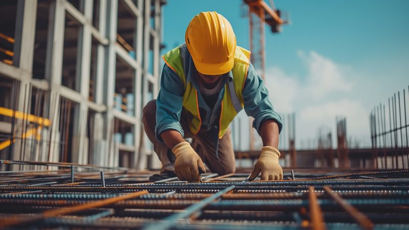 A construction worker wearing a yellow hard hat and safety vest is working on a building site, kneeling on a steel framework. The background shows an unfinished building structure and a crane.