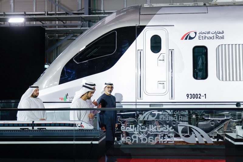 Sheikh Khaled bin Mohamed bin Zayed Al Nahyan, Crown Prince of Abu Dhabi and Sheikh Hamdan bin Mohammed bin Rashid Al Maktoum, Crown Prince of Dubai, at the launch announcement of the new high-speed Etihad train project
