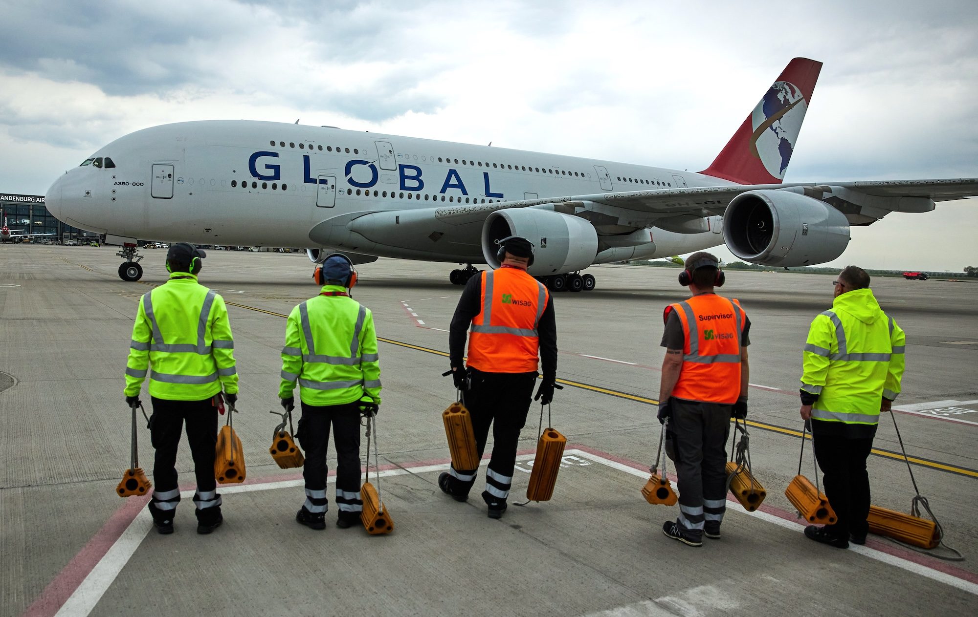 An Airbus A380 from Global Airlines on the southern runway at Berlin Airport