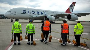 An Airbus A380 from Global Airlines on the southern runway at Berlin Airport