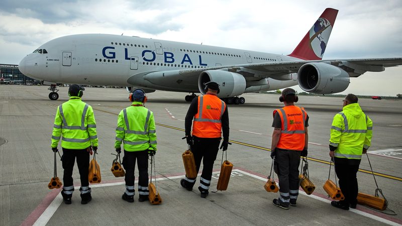 An Airbus A380 from Global Airlines on the southern runway at Berlin Airport