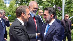 May 17, 2025, Tirana, Tirana, Albania: Yasir Al-Rumayyan, Governor of the Saudi Arabian Public Investment Fund (R) France's President Emmanuel Macron (L) and Albanian Prime Minister Edi Rama (C) during the Future Investment Initiative FII Priority Europe Summit held in Tirana, Albania on May 17, 2025 (Credit Image: © Armando Babani/ZUMA Press Wire) President Emmanuel Macron and Yasir Al-Rumayyan, governor of PIF with Edi Rama, the Albanian prime minister, during the Future Investment Initiative summit in Tirana, Albania